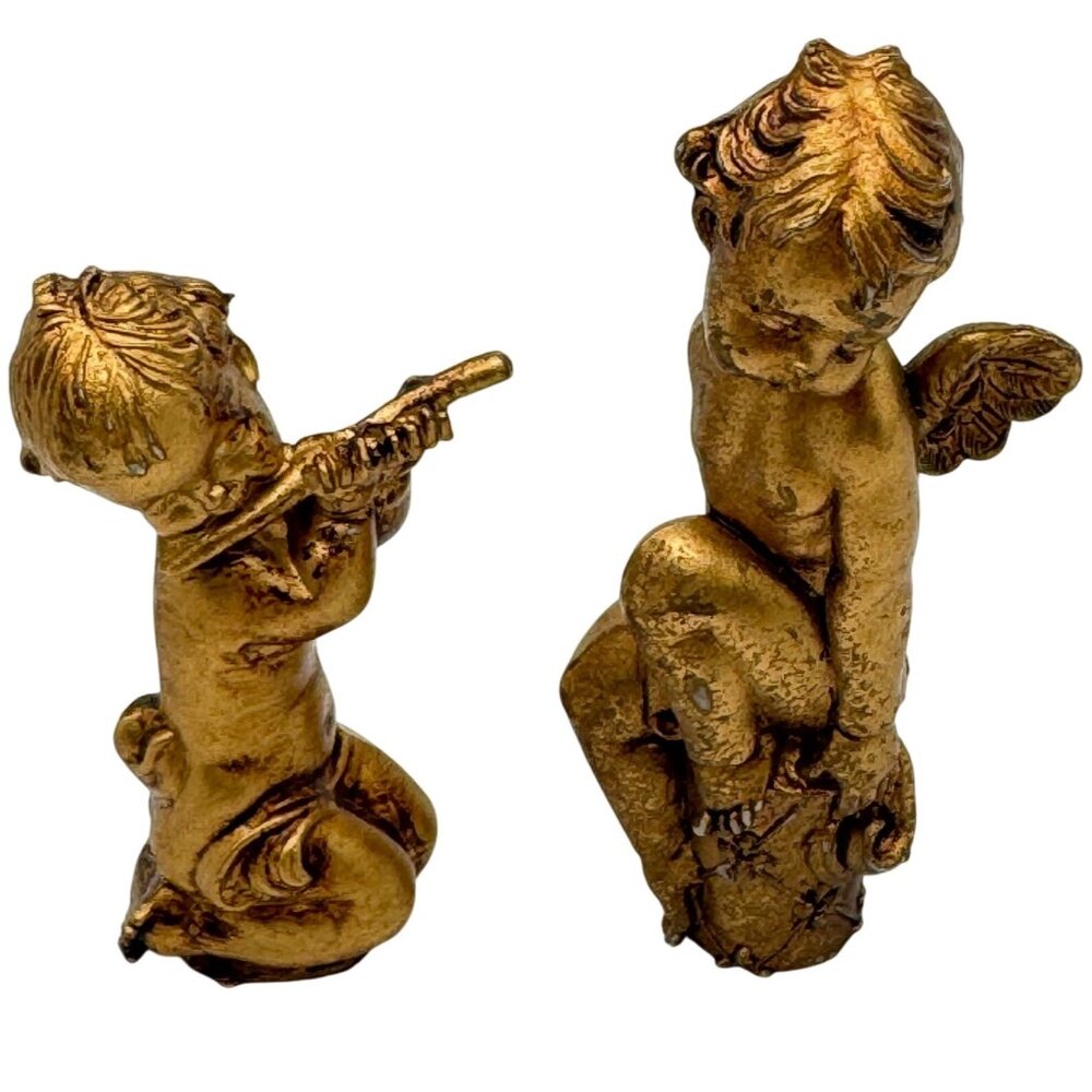 Gold Cherub Angel Figurines Set Of 2 Playing Flute Sitting On Rock Resin Vtg